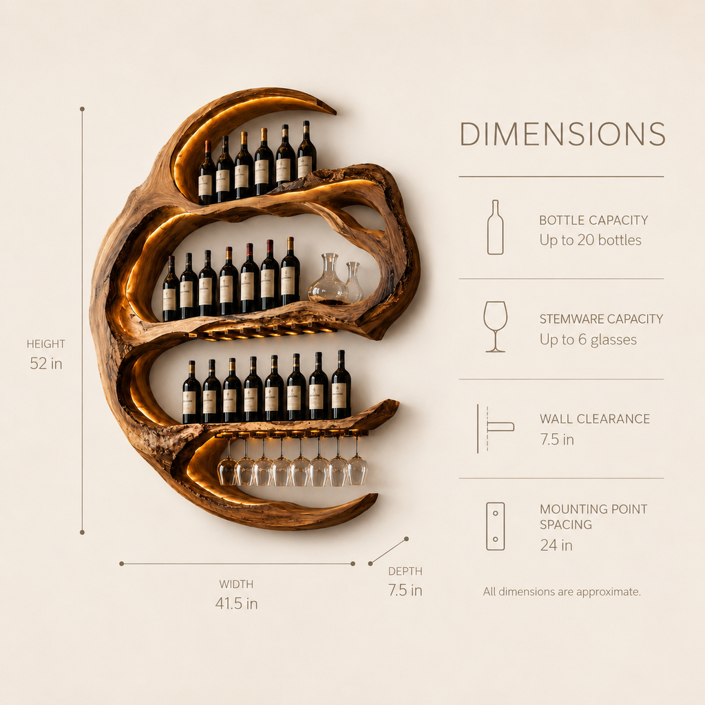 Solid Wood Wall Wine Rack with Glass Holder - Live Edge - product image 07