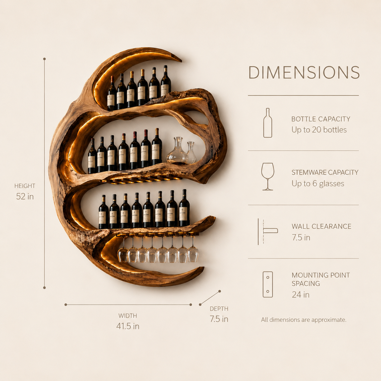 Solid Wood Wall Wine Rack with Glass Holder - Live Edge - product image 07