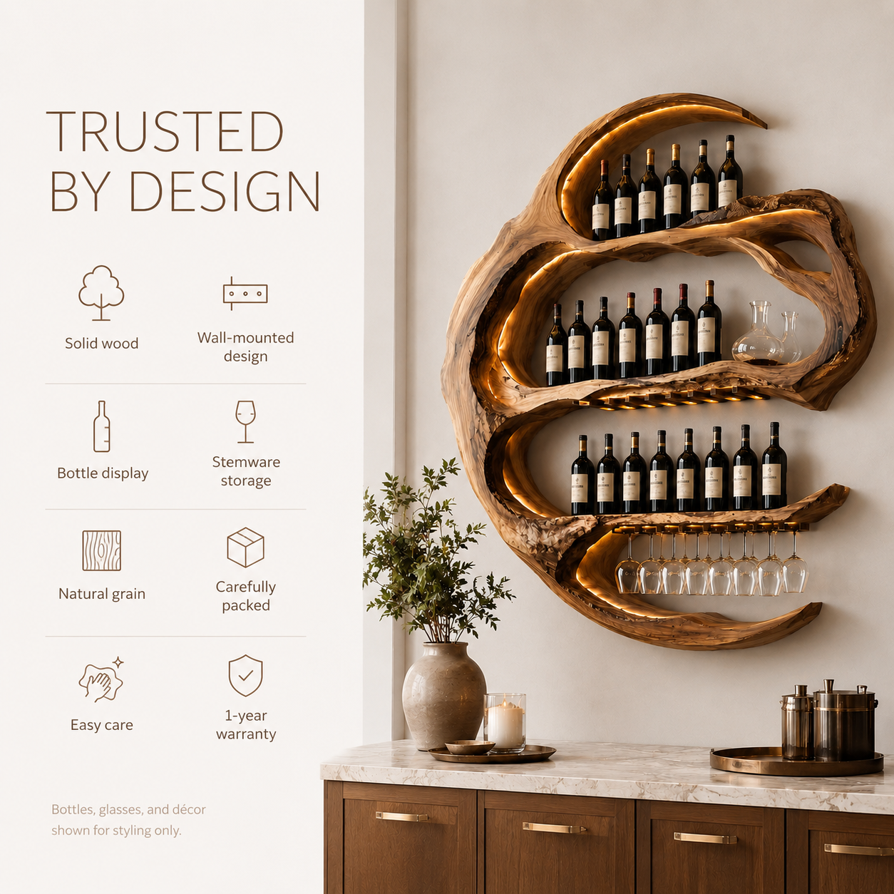 Solid Wood Wall Wine Rack with Glass Holder - Live Edge - product image 08
