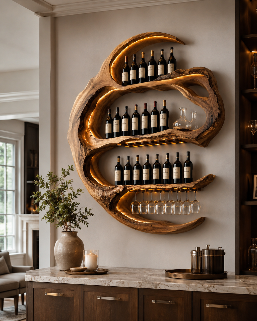 Solid Wood Wall Wine Rack with Glass Holder - Live Edge - product image 11