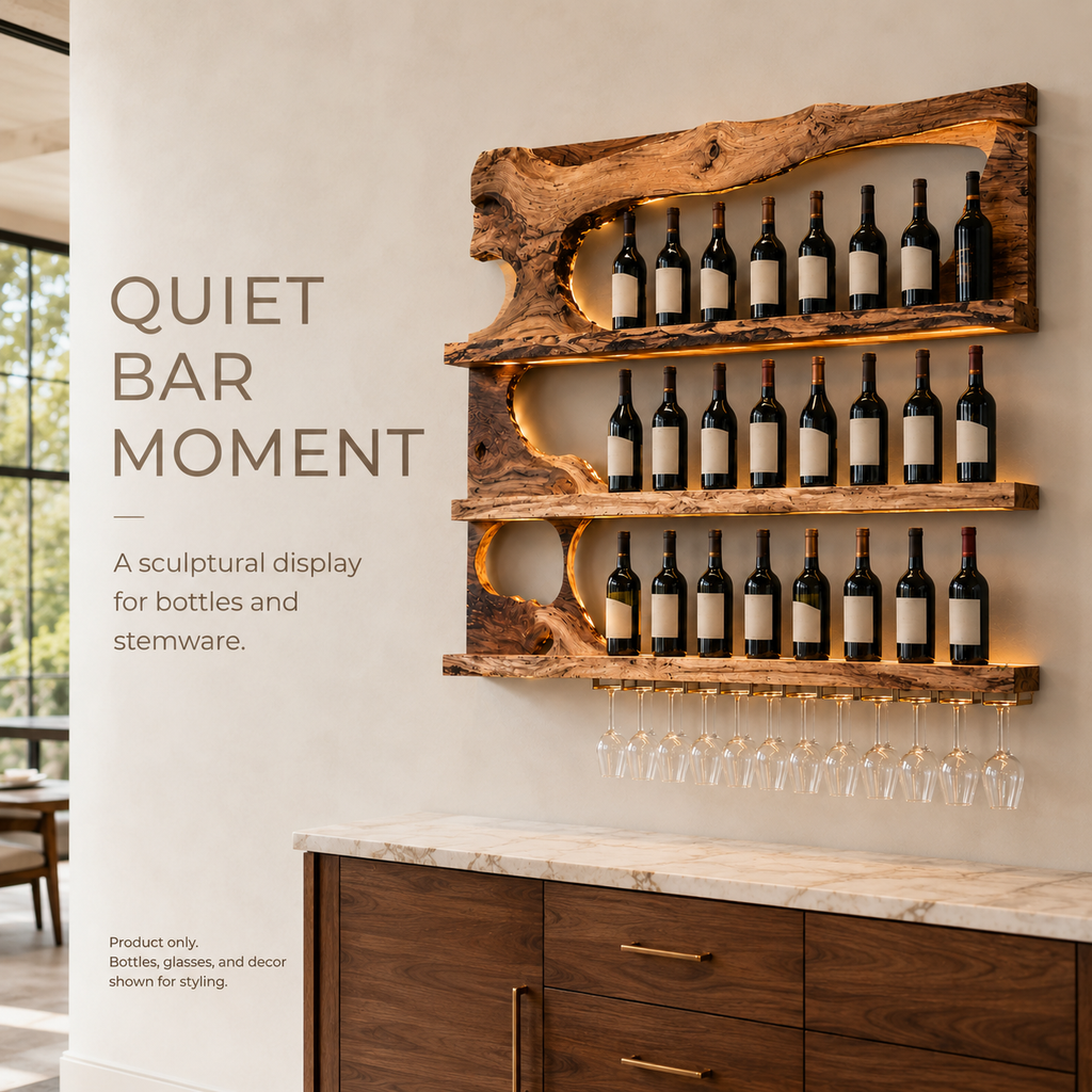 Solid Wood Wall Wine Rack with Glass Holder - Ribbed Wave - main view
