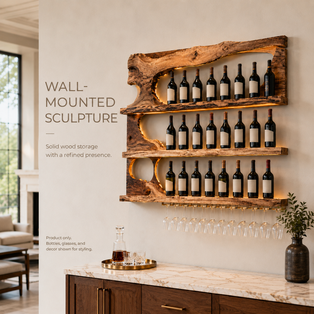 Solid Wood Wall Wine Rack with Glass Holder - Ribbed Wave - product image 02