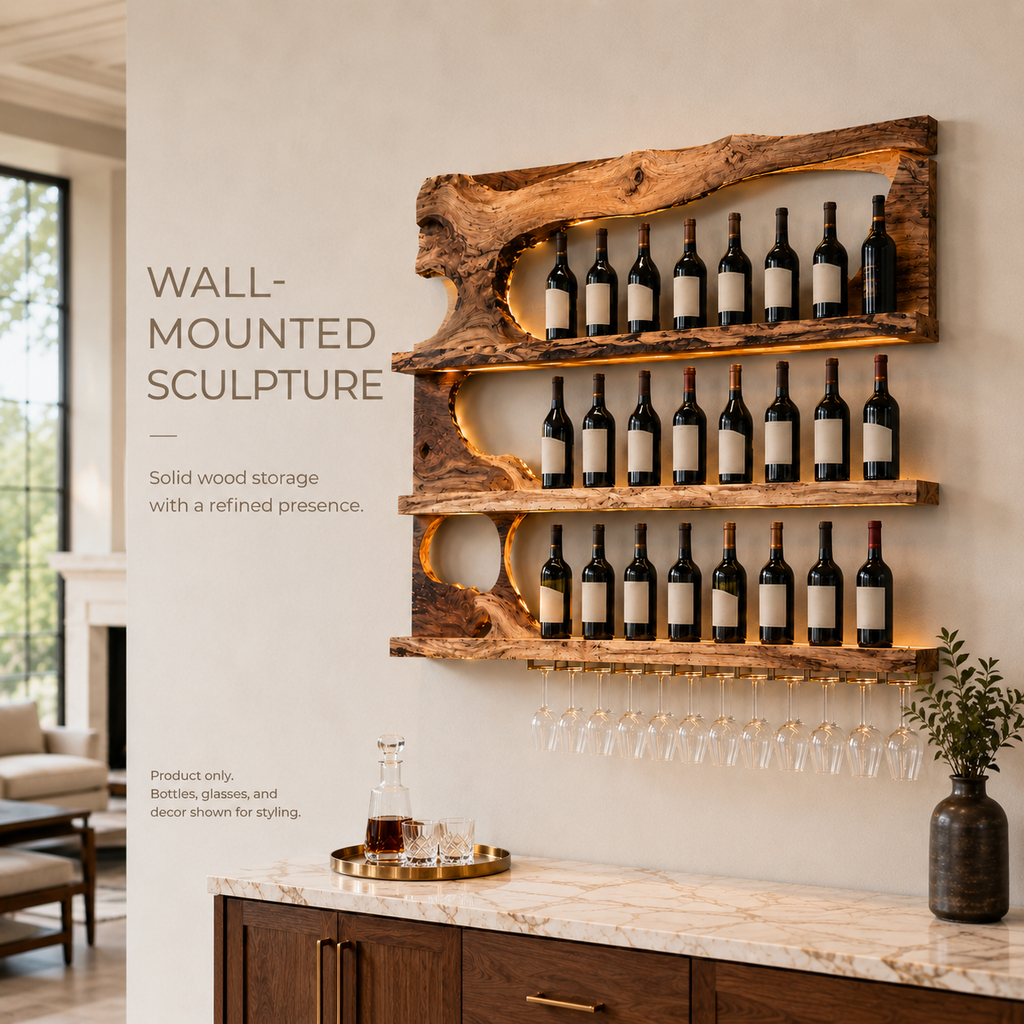 Solid Wood Wall Wine Rack with Glass Holder - Ribbed Wave - product image 02
