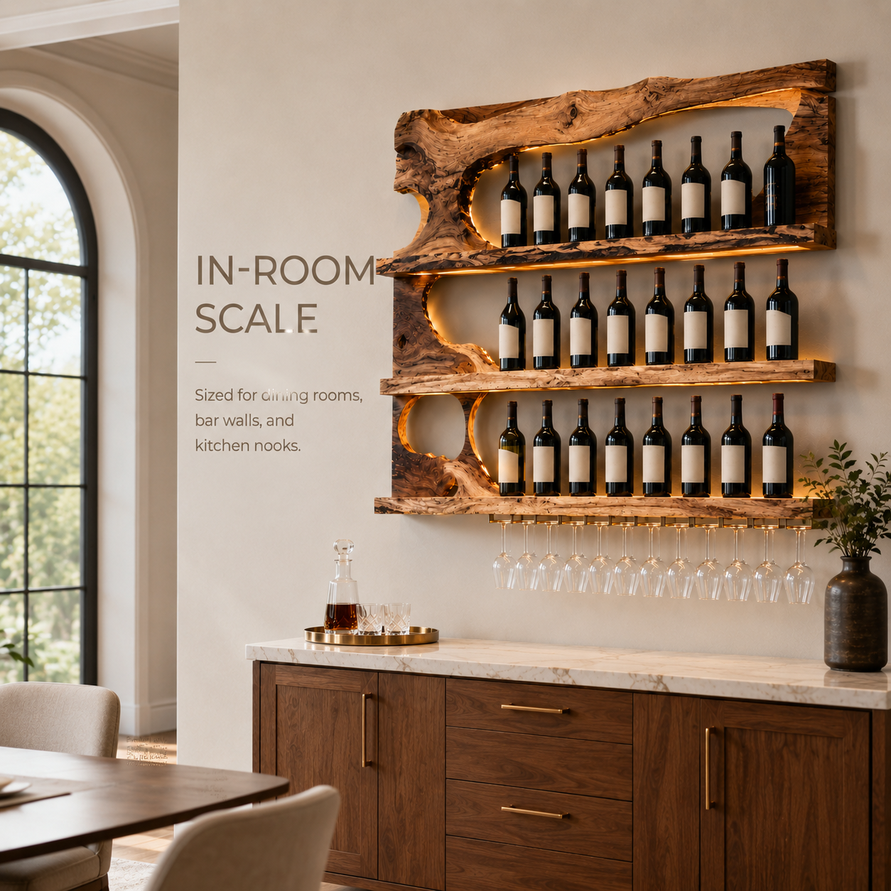 Solid Wood Wall Wine Rack with Glass Holder - Ribbed Wave - product image 03