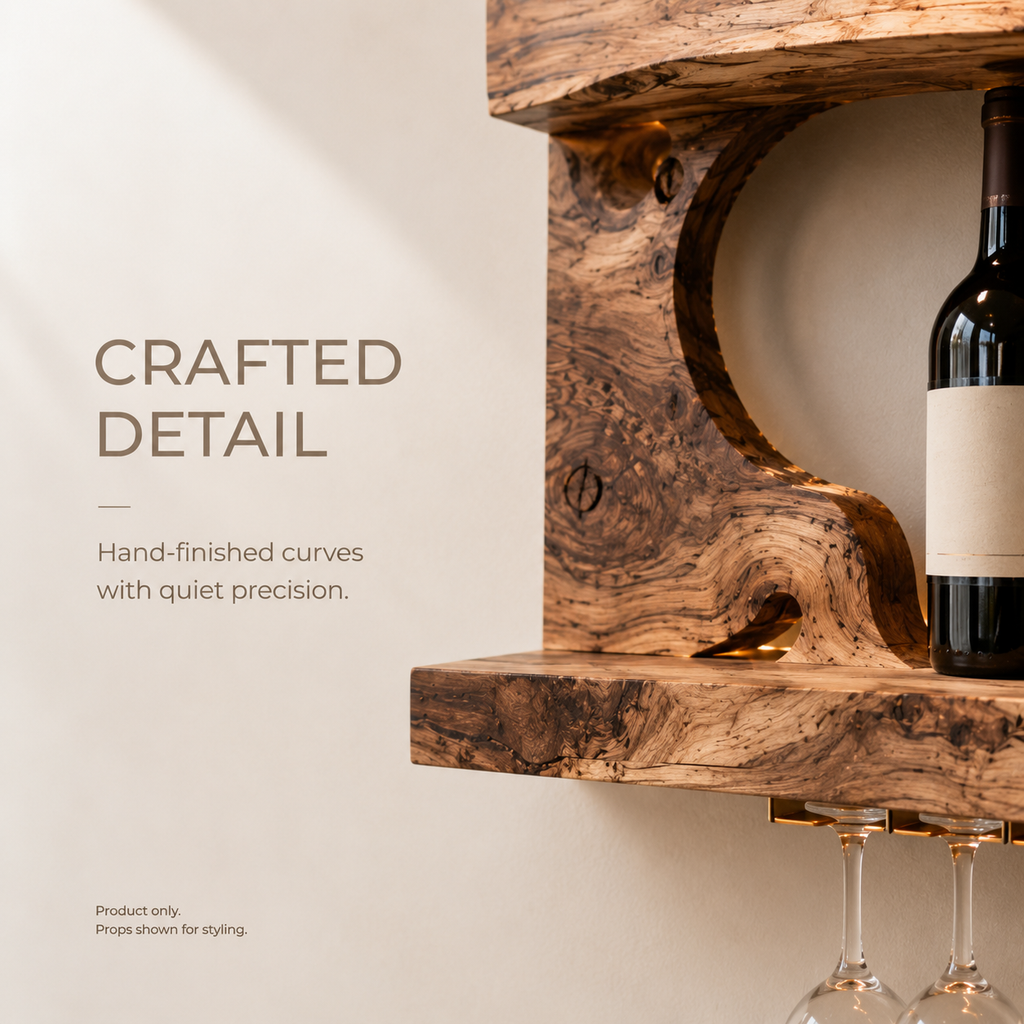 Solid Wood Wall Wine Rack with Glass Holder - Ribbed Wave - product image 05