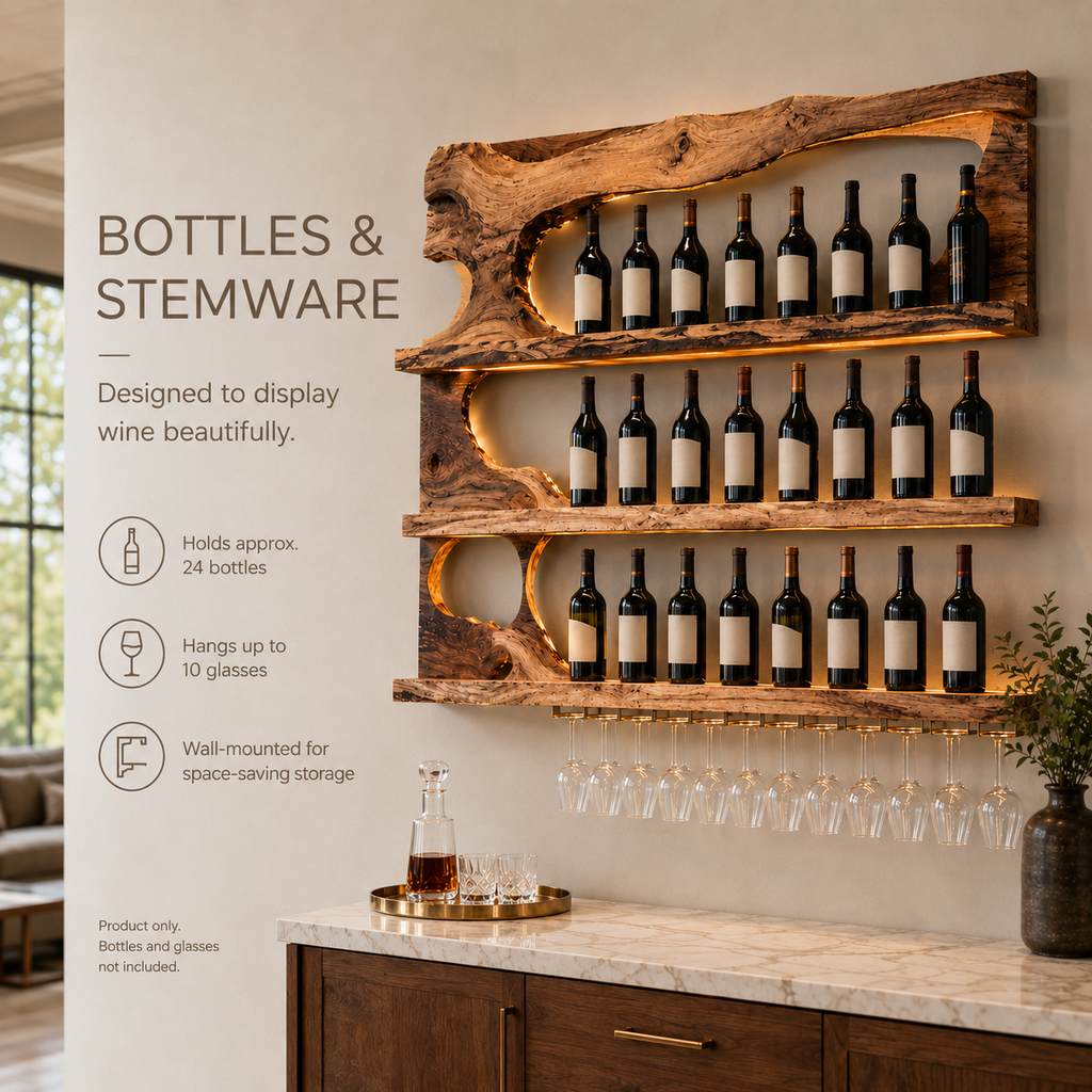 Solid Wood Wall Wine Rack with Glass Holder - Ribbed Wave - product image 06