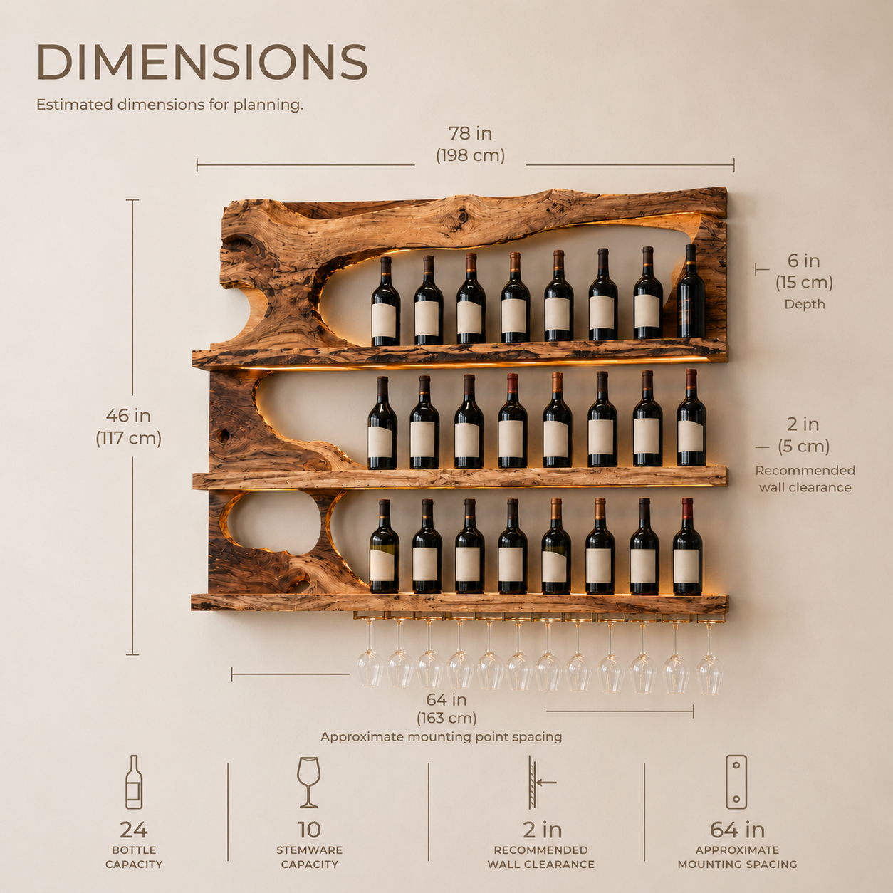 Solid Wood Wall Wine Rack with Glass Holder - Ribbed Wave - product image 07