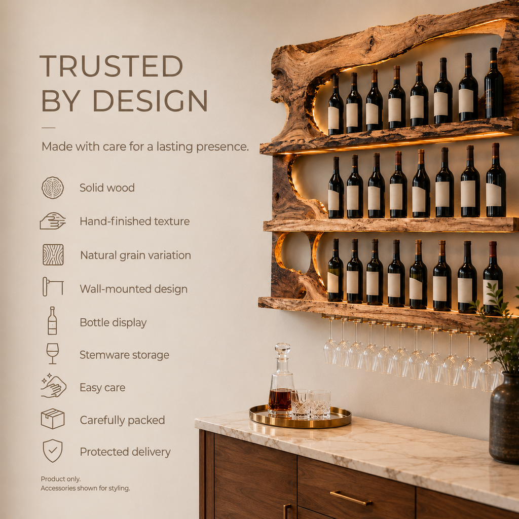 Solid Wood Wall Wine Rack with Glass Holder - Ribbed Wave - product image 08