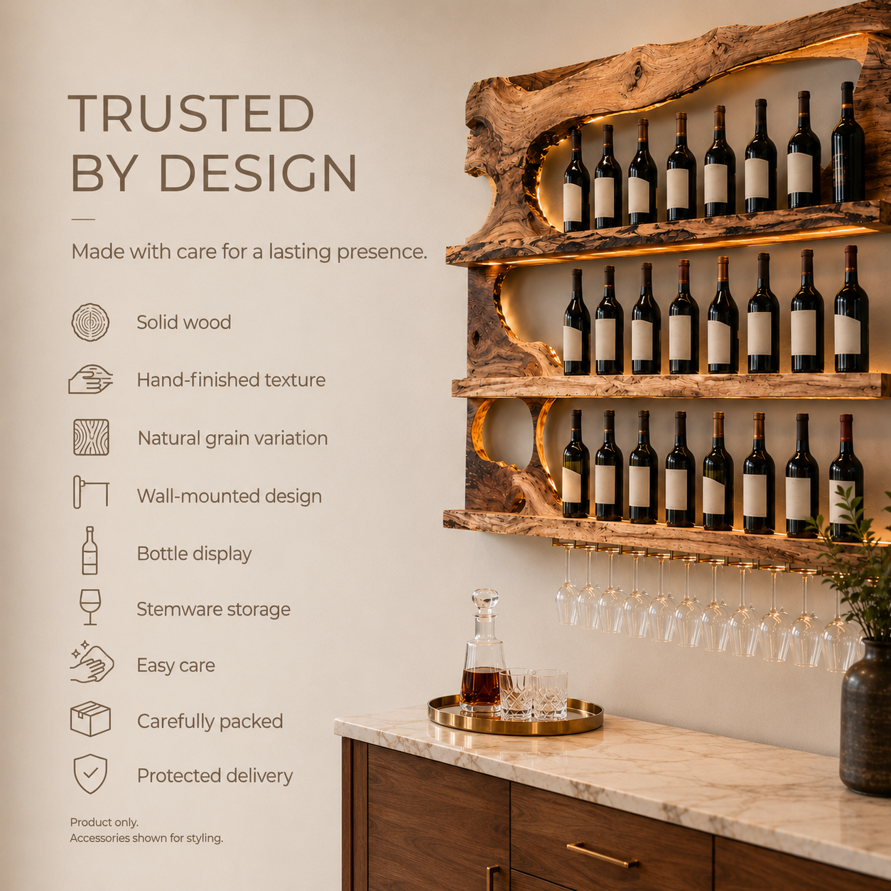 Solid Wood Wall Wine Rack with Glass Holder - Ribbed Wave - product image 08