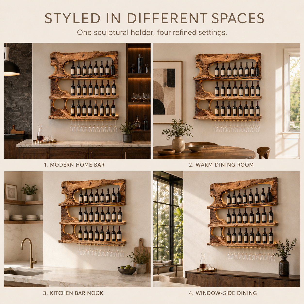 Solid Wood Wall Wine Rack with Glass Holder - Ribbed Wave - product image 09