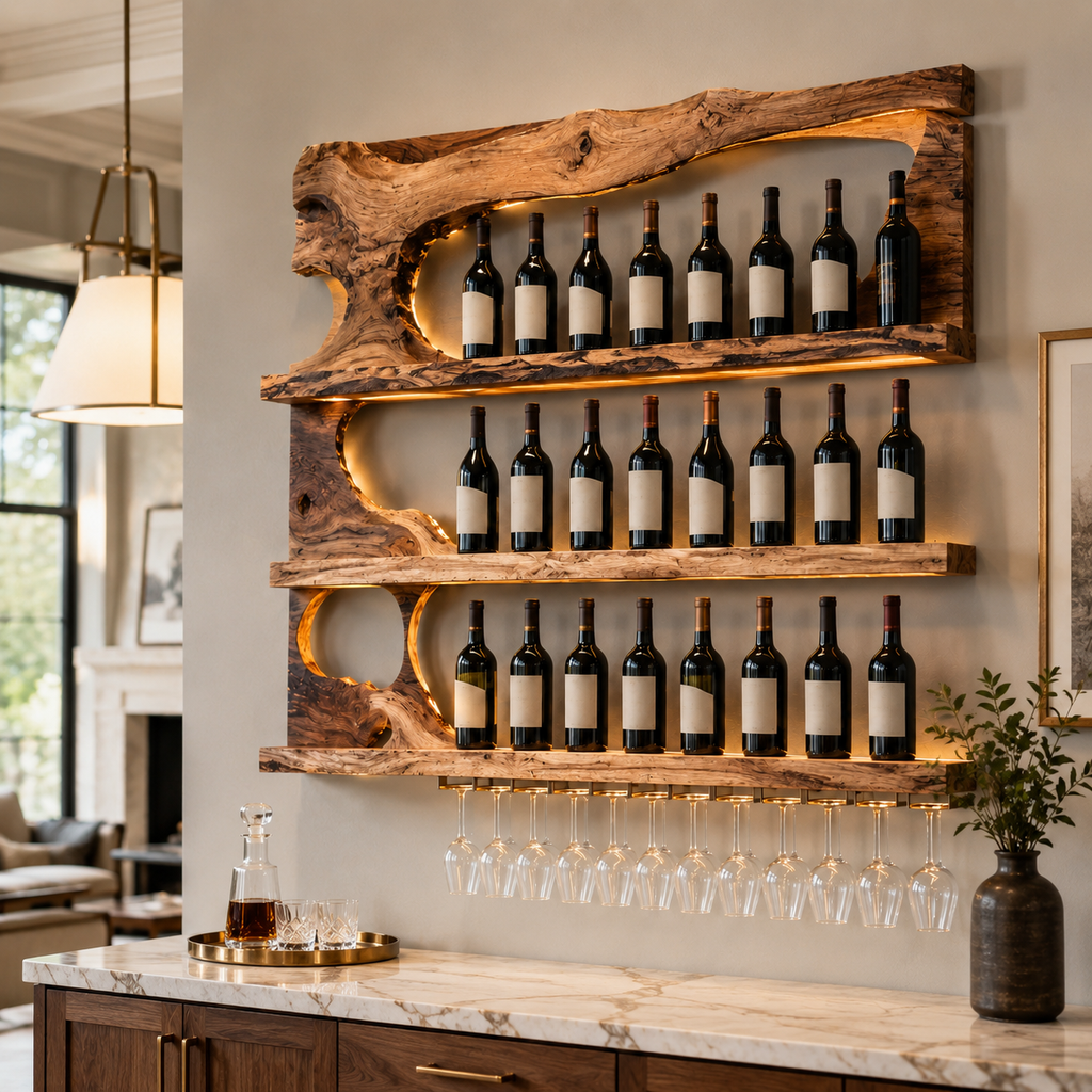 Solid Wood Wall Wine Rack with Glass Holder - Ribbed Wave - product image 11