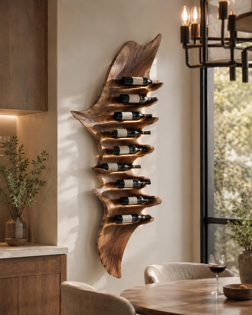 Solid Wood Wall Wine Rack with Glass Holder - Carved Halo - main view