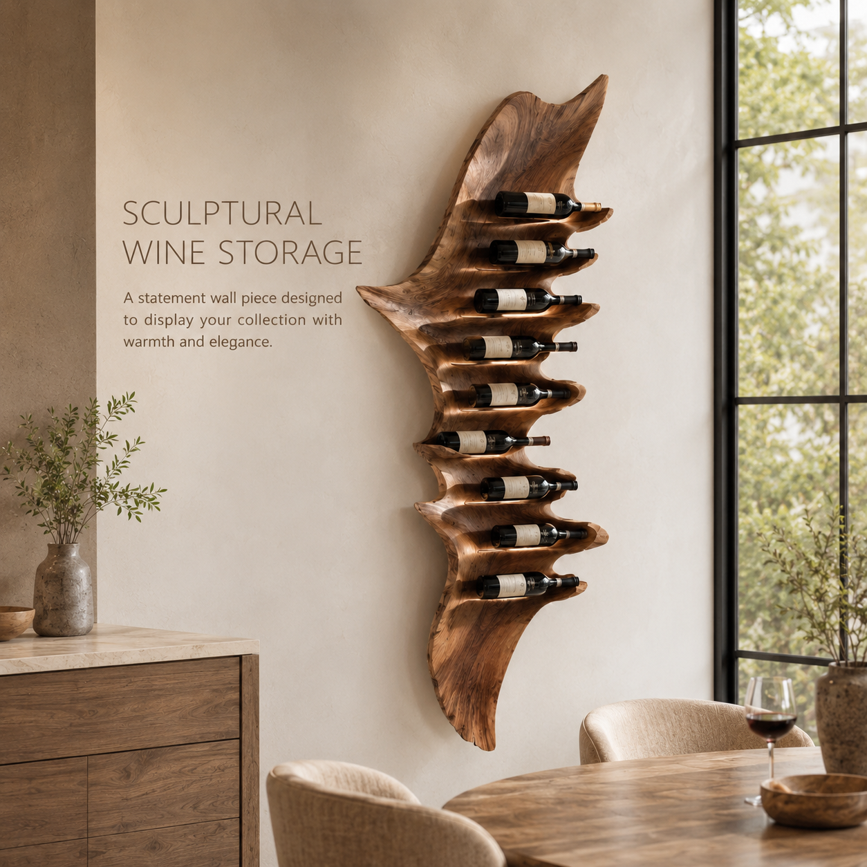 Solid Wood Wall Wine Rack with Glass Holder - Carved Halo - product image 02
