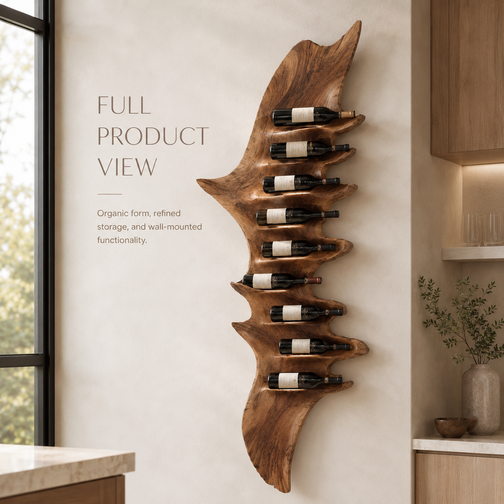 Solid Wood Wall Wine Rack with Glass Holder - Carved Halo - product image 03
