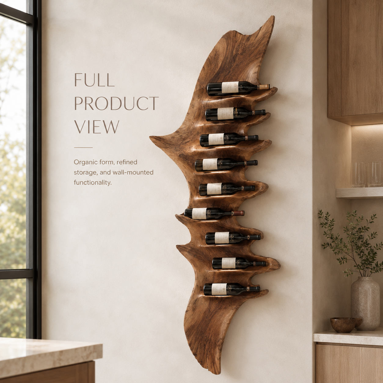 Solid Wood Wall Wine Rack with Glass Holder - Carved Halo - product image 03