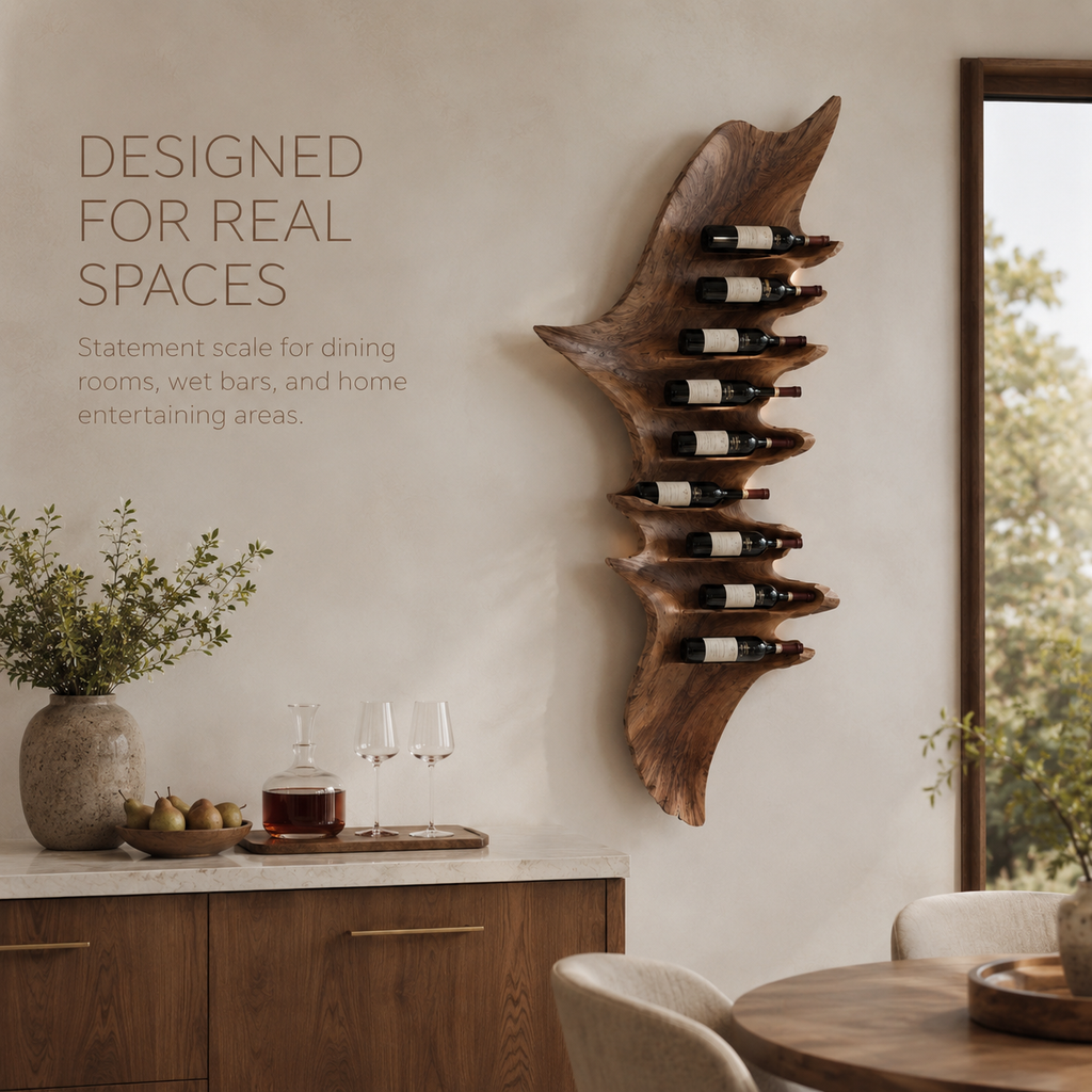 Solid Wood Wall Wine Rack with Glass Holder - Carved Halo - product image 04