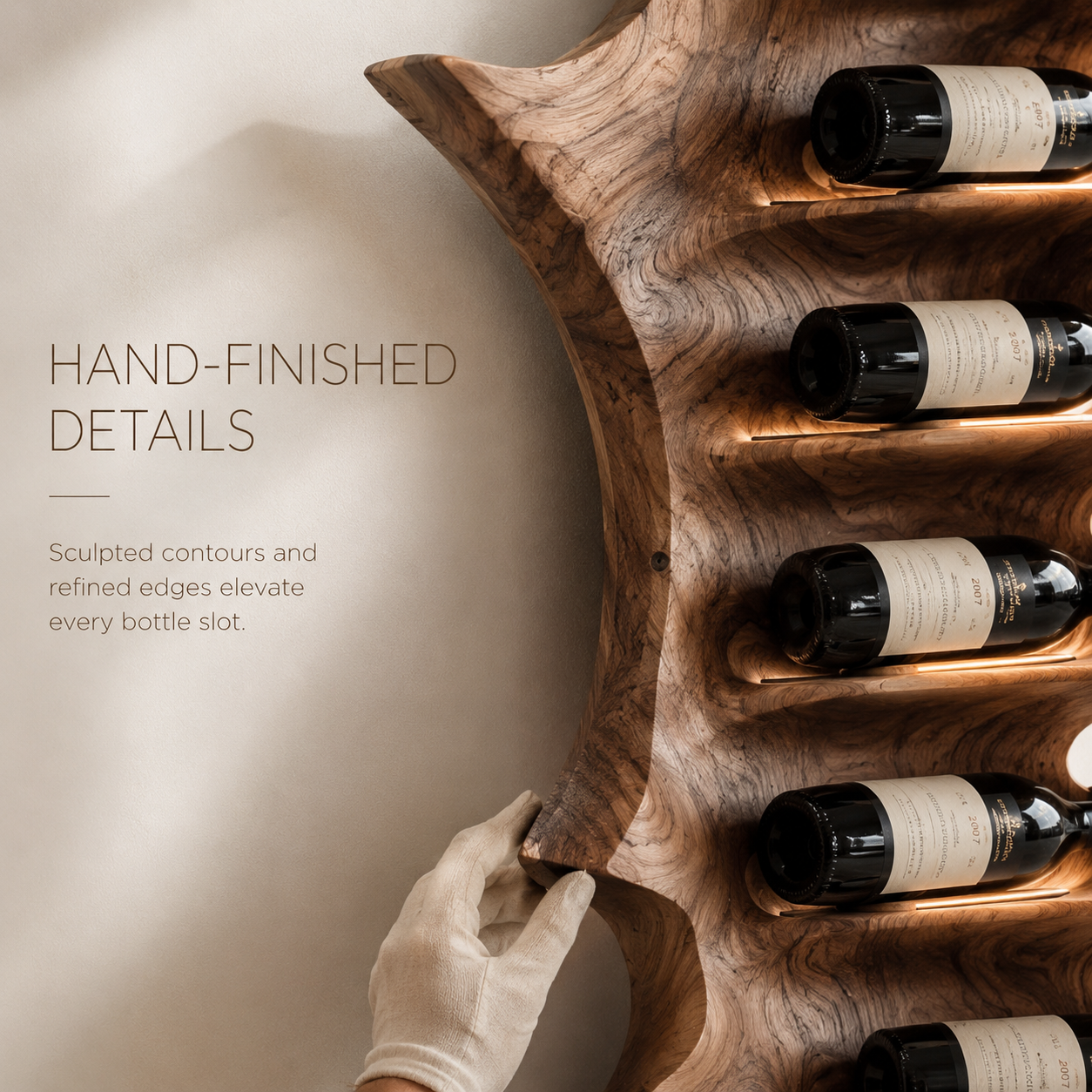 Solid Wood Wall Wine Rack with Glass Holder - Carved Halo - product image 06