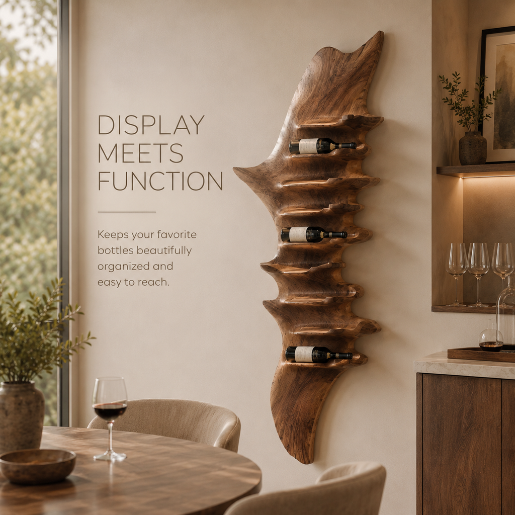 Solid Wood Wall Wine Rack with Glass Holder - Carved Halo - product image 07