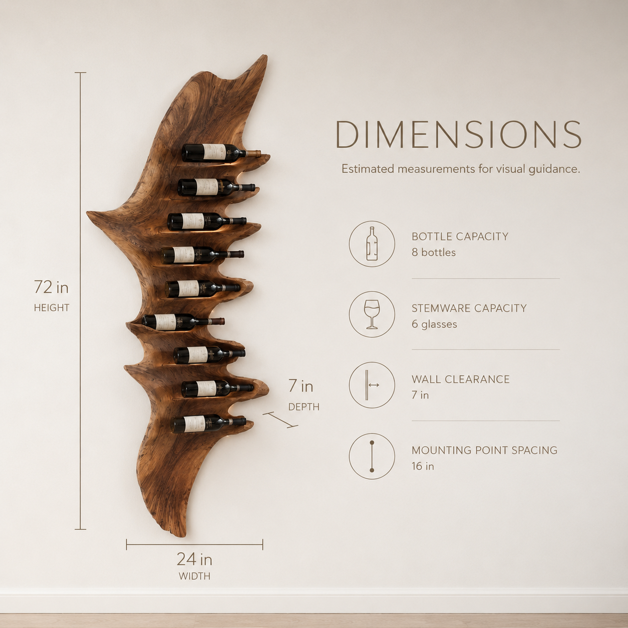 Solid Wood Wall Wine Rack with Glass Holder - Carved Halo - product image 08