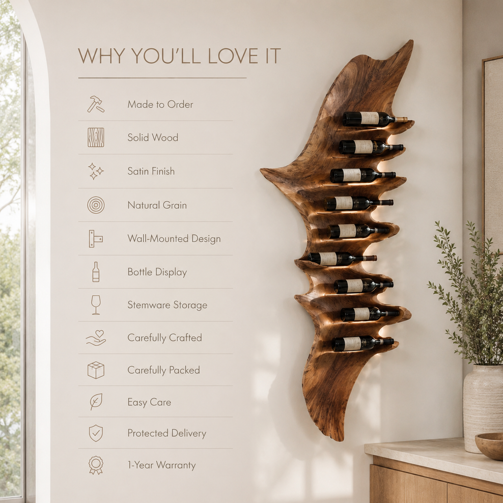 Solid Wood Wall Wine Rack with Glass Holder - Carved Halo - product image 09