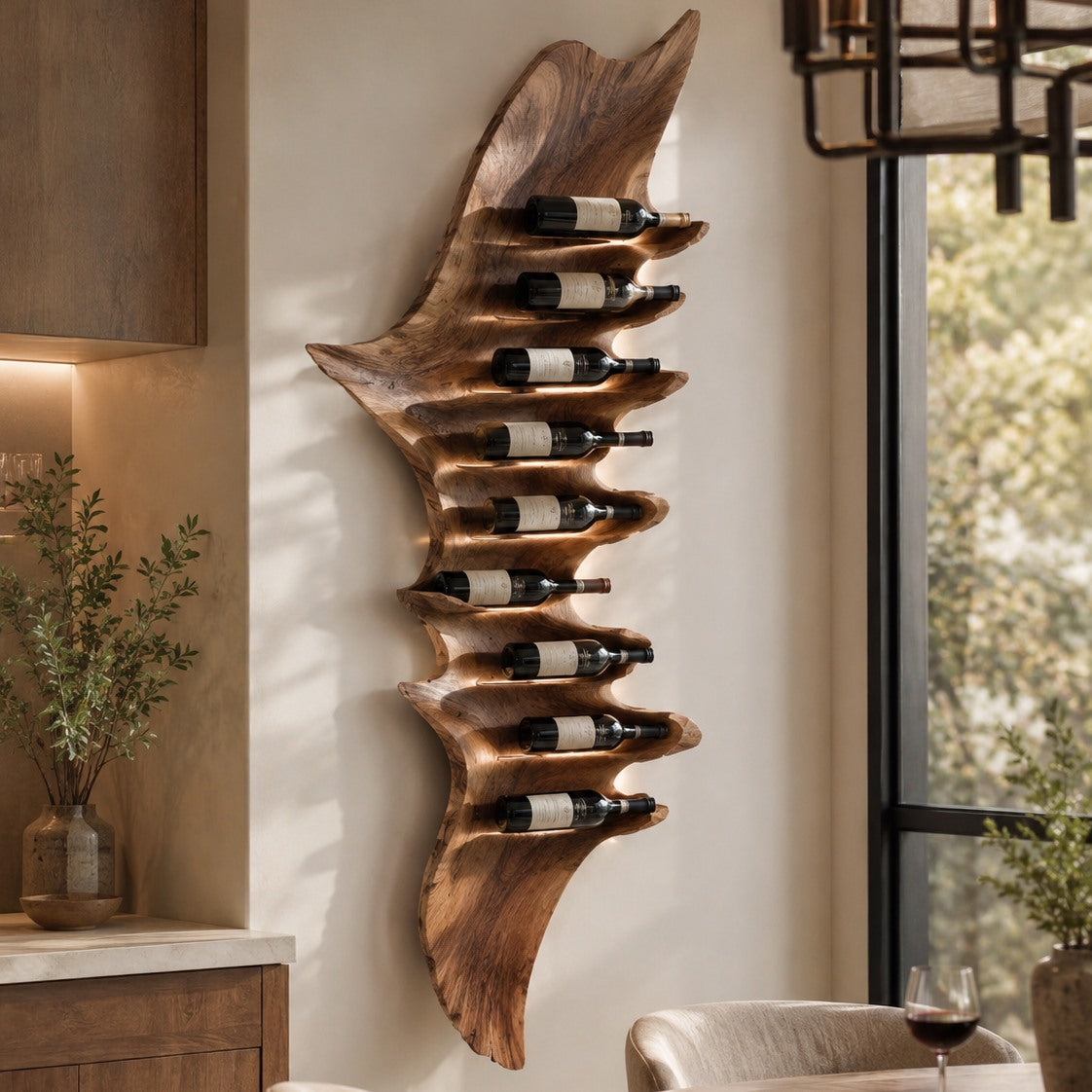 Solid Wood Wall Wine Rack with Glass Holder - Carved Halo - Design 145 - square cover image