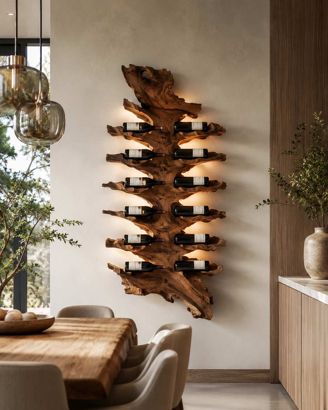 Solid Wood Wall Wine Rack with Glass Holder - Root Form - main view