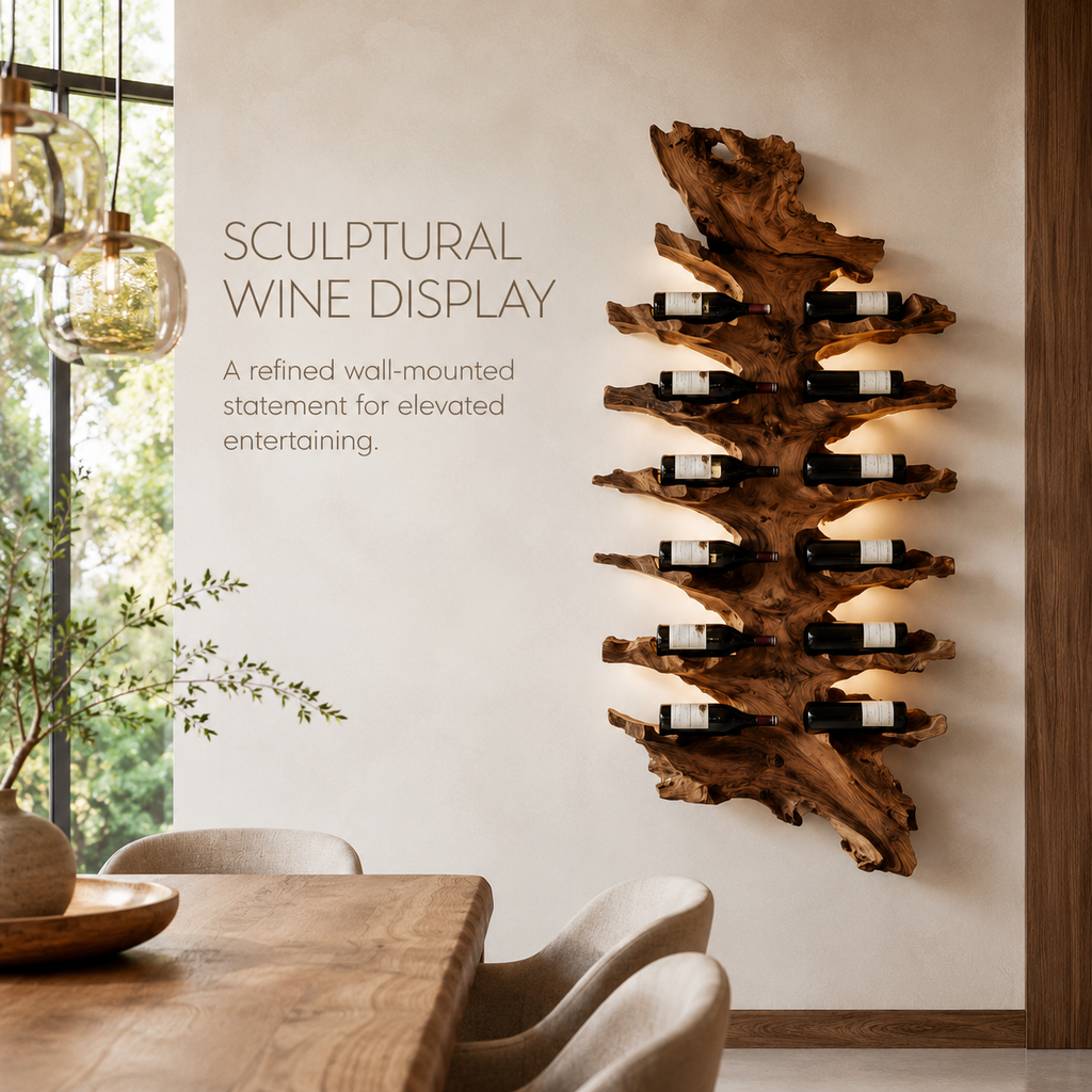 Solid Wood Wall Wine Rack with Glass Holder - Root Form - product image 02