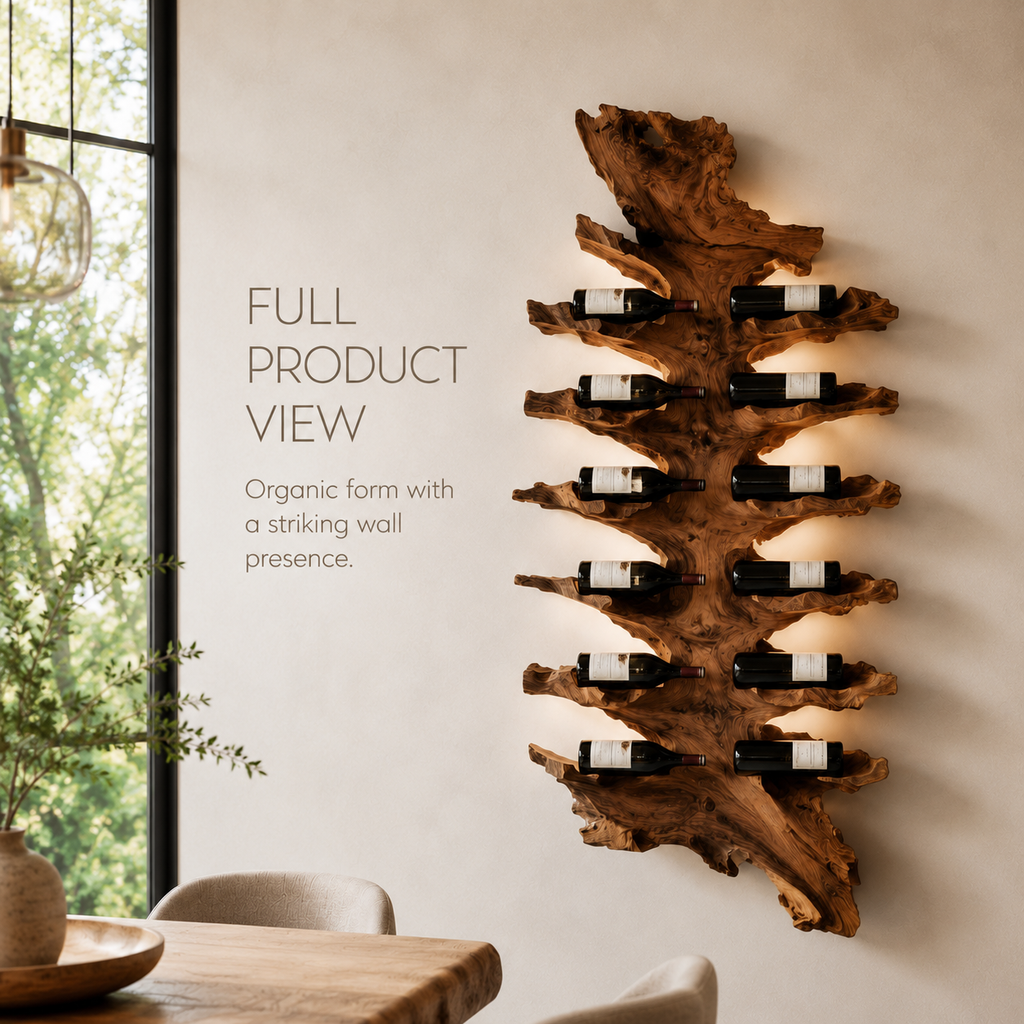 Solid Wood Wall Wine Rack with Glass Holder - Root Form - product image 03