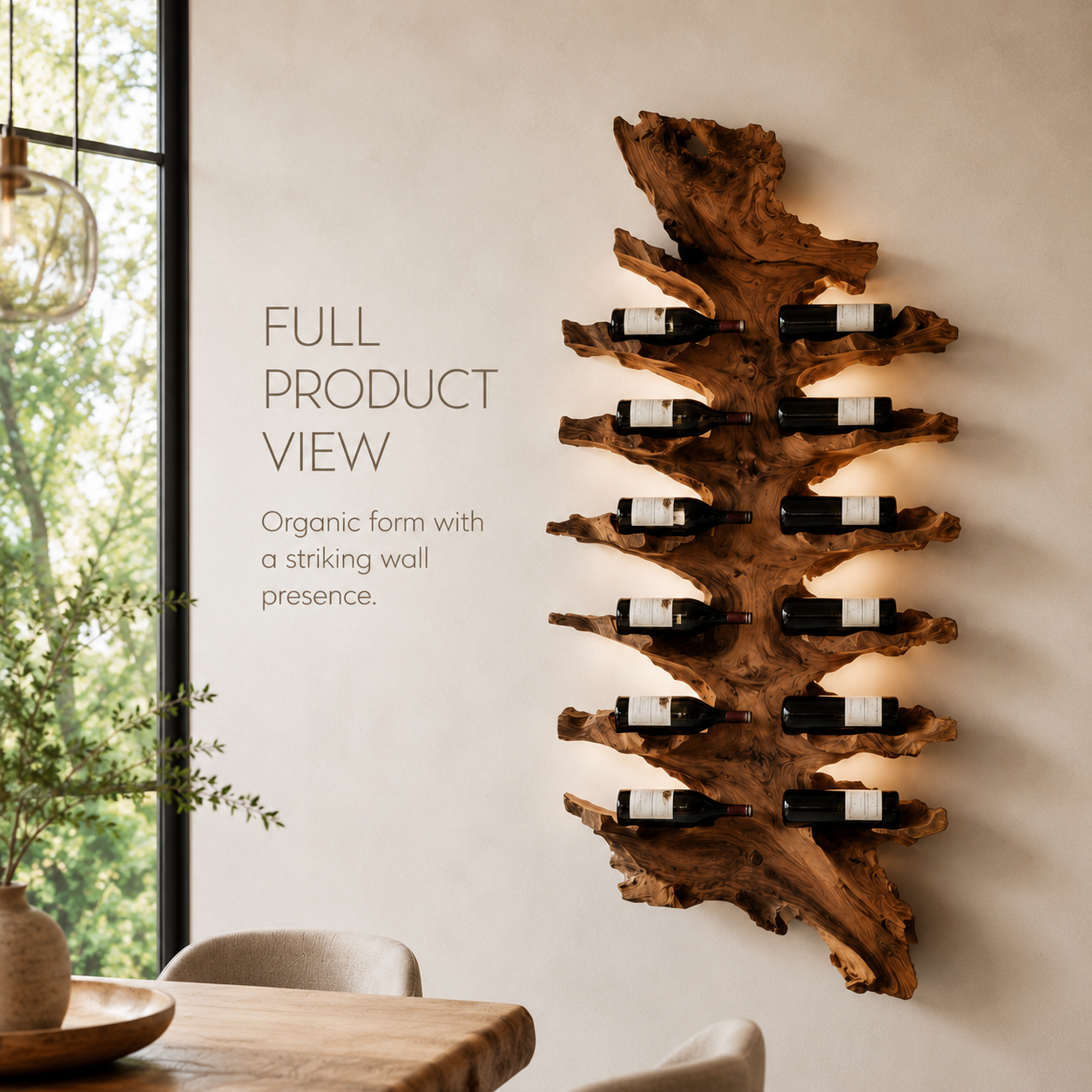 Solid Wood Wall Wine Rack with Glass Holder - Root Form - product image 03