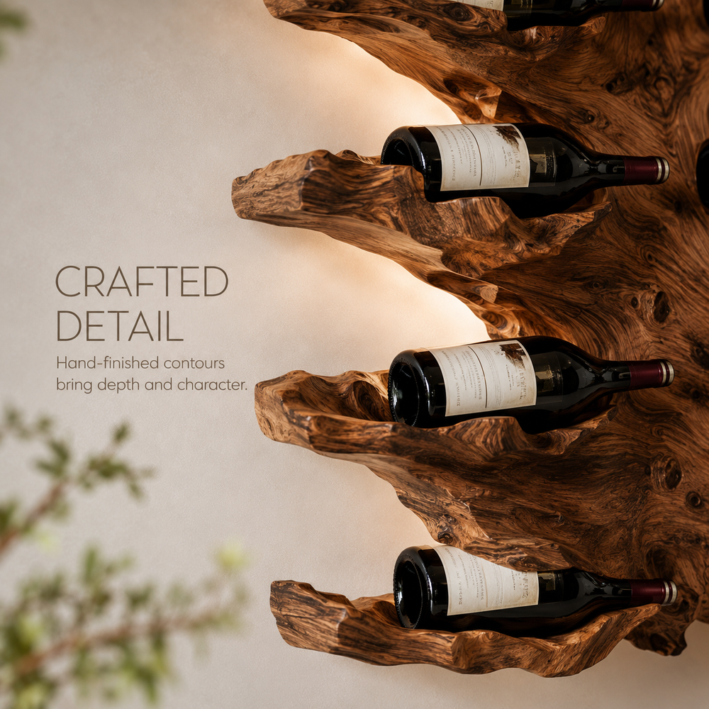 Solid Wood Wall Wine Rack with Glass Holder - Root Form - product image 06