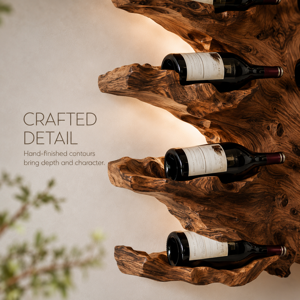 Solid Wood Wall Wine Rack with Glass Holder - Root Form - product image 06