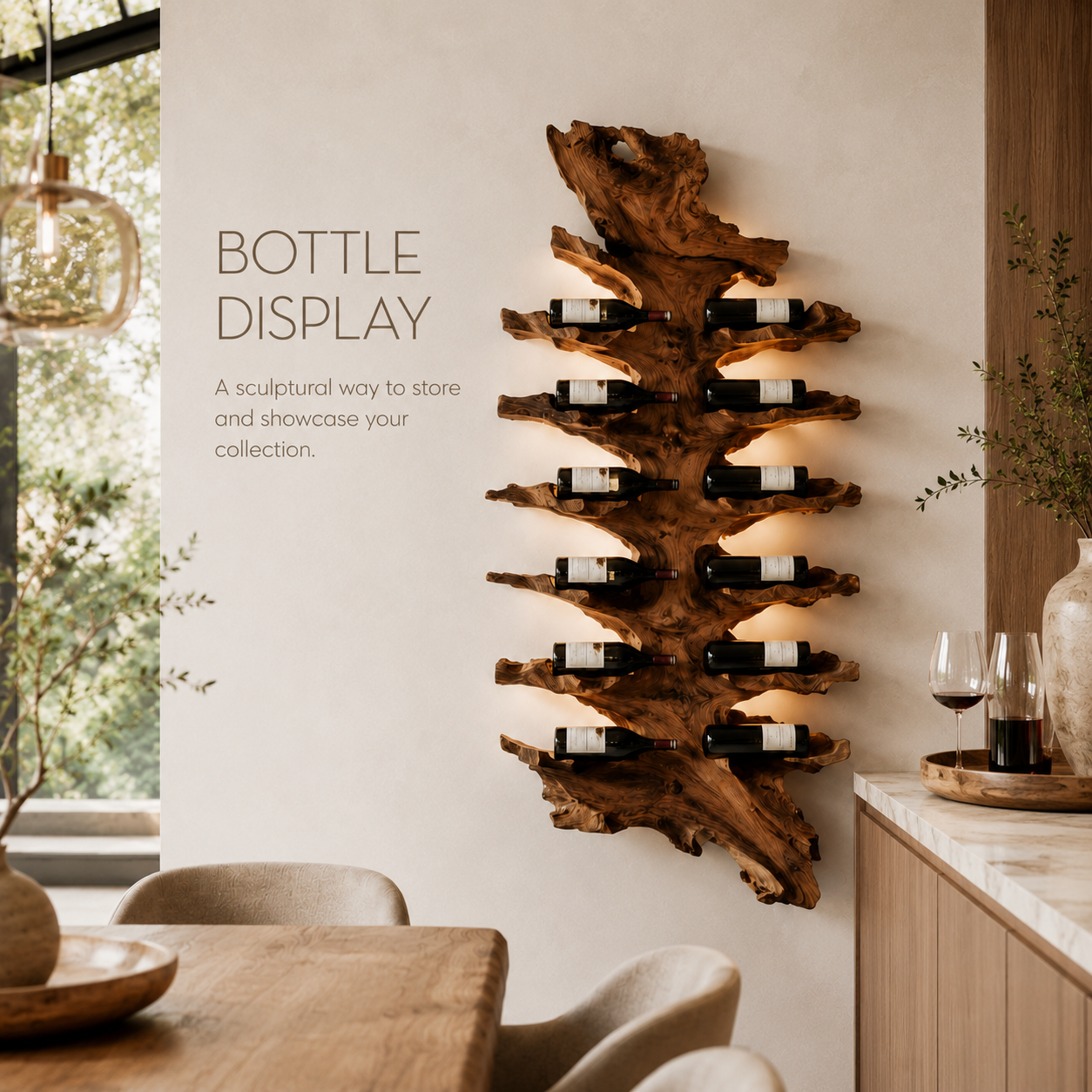 Solid Wood Wall Wine Rack with Glass Holder - Root Form - product image 07