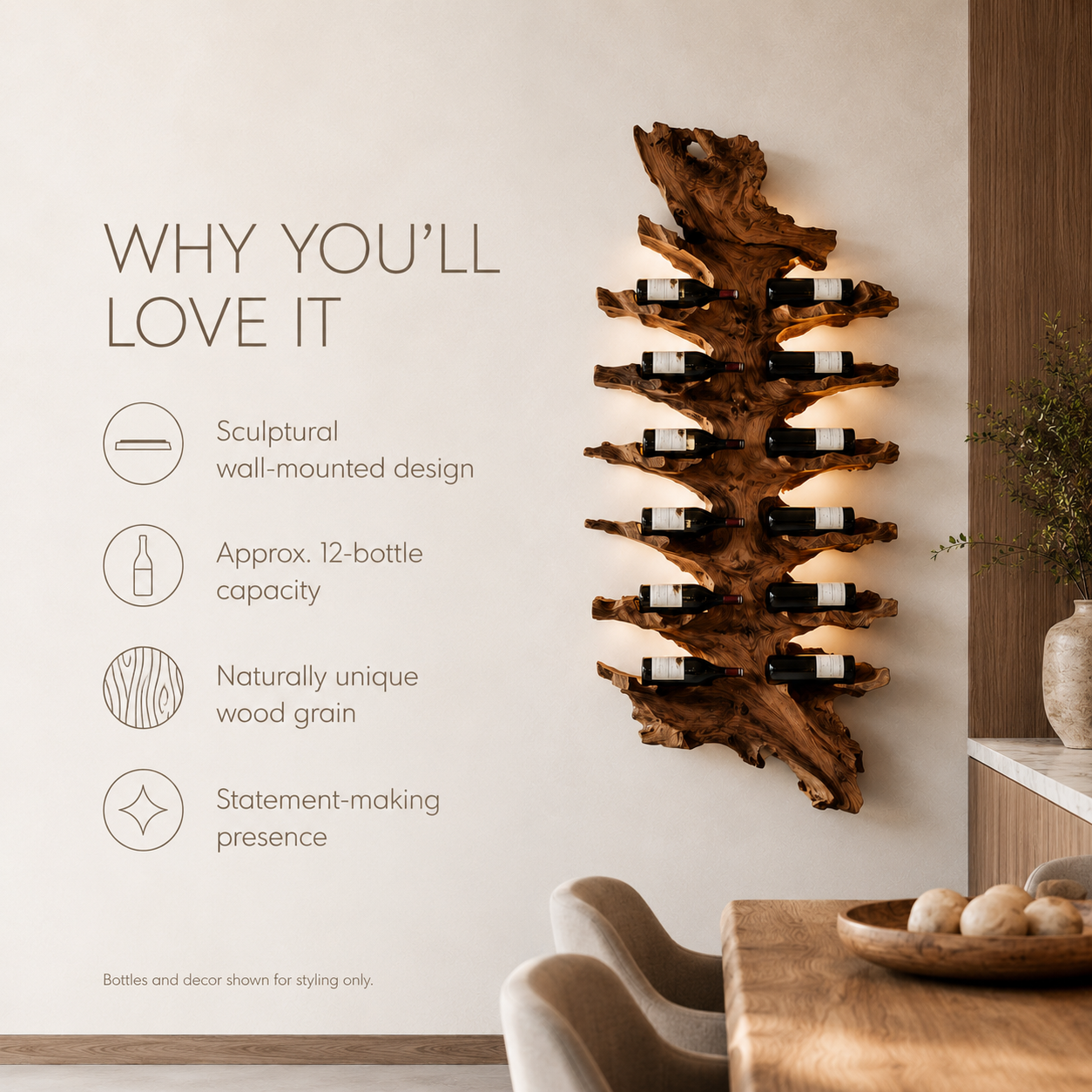 Solid Wood Wall Wine Rack with Glass Holder - Root Form - product image 09