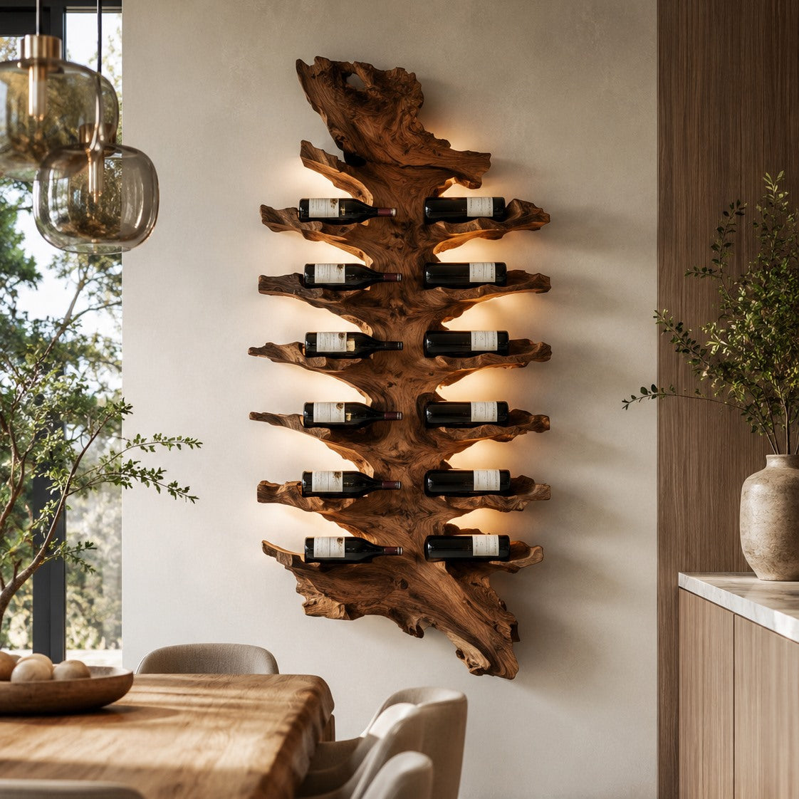 Solid Wood Wall Wine Rack with Glass Holder - Root Form - Design 146 - square cover image