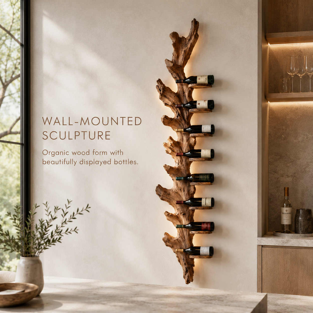 Solid Wood Wall Wine Rack with Glass Holder - Crescent Wall - product image 03