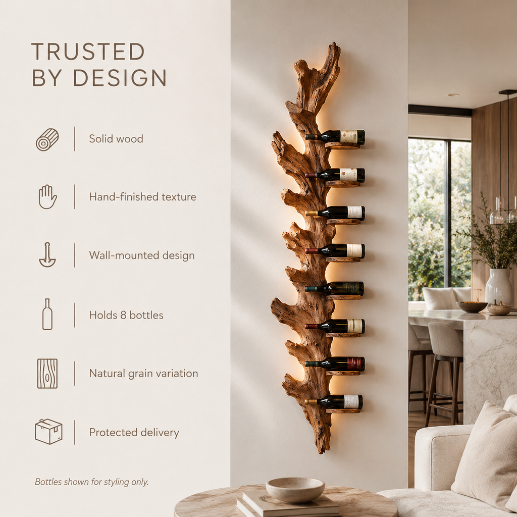 Solid Wood Wall Wine Rack with Glass Holder - Crescent Wall - product image 09