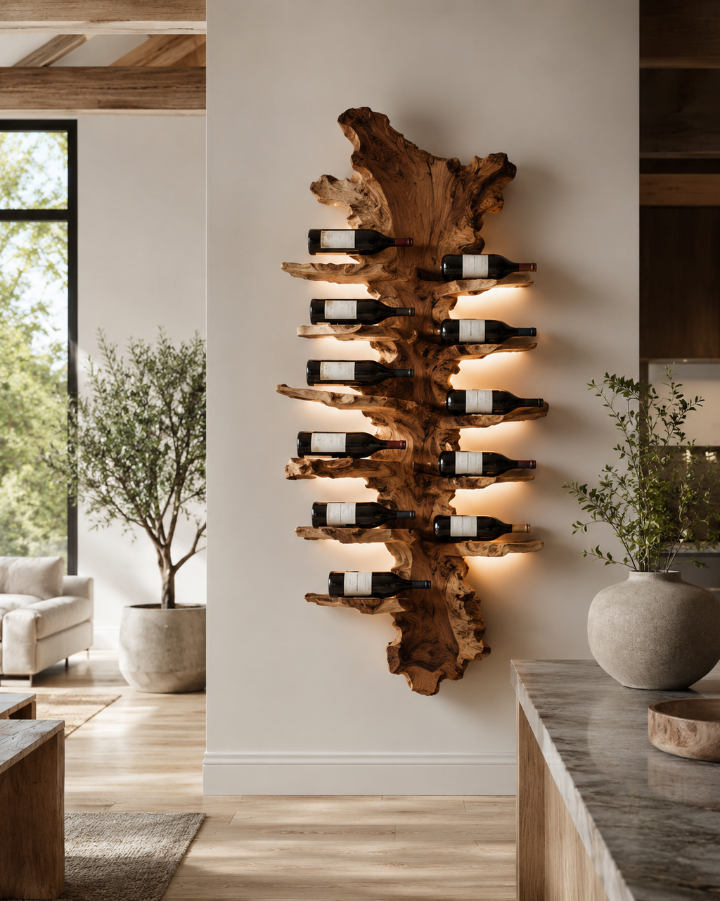 Solid Wood Wall Wine Rack with Glass Holder - Floating Rail - main view