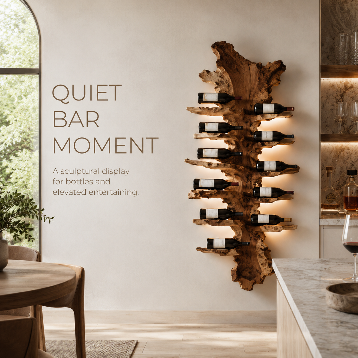 Solid Wood Wall Wine Rack with Glass Holder - Floating Rail - product image 02