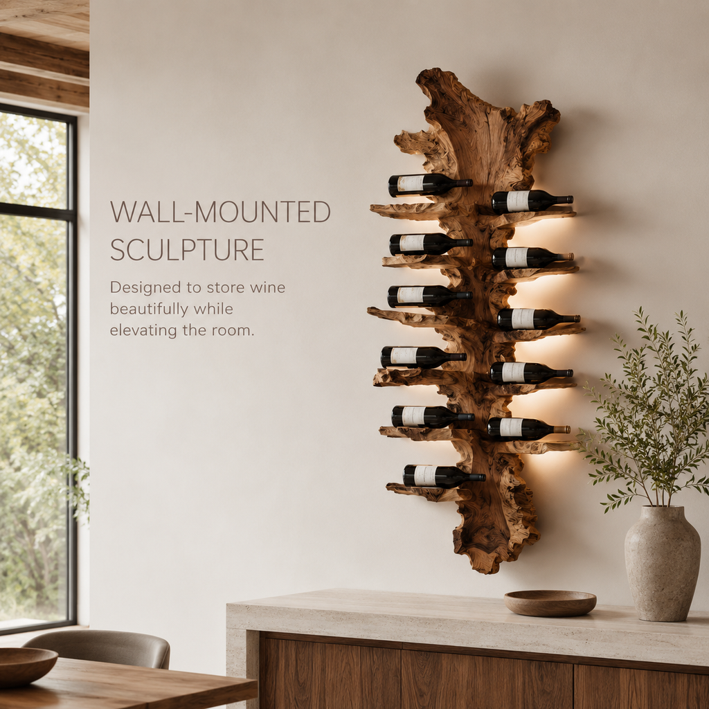 Solid Wood Wall Wine Rack with Glass Holder - Floating Rail - product image 03