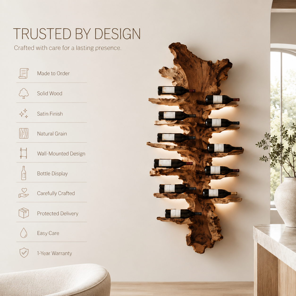 Solid Wood Wall Wine Rack with Glass Holder - Floating Rail - product image 09