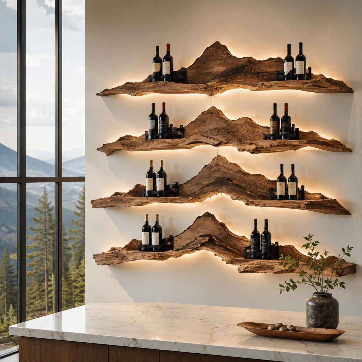 Solid Wood Wall Wine Rack with Glass Holder - River Form - main view