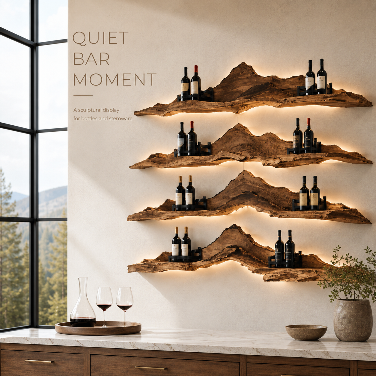 Solid Wood Wall Wine Rack with Glass Holder - River Form - product image 02