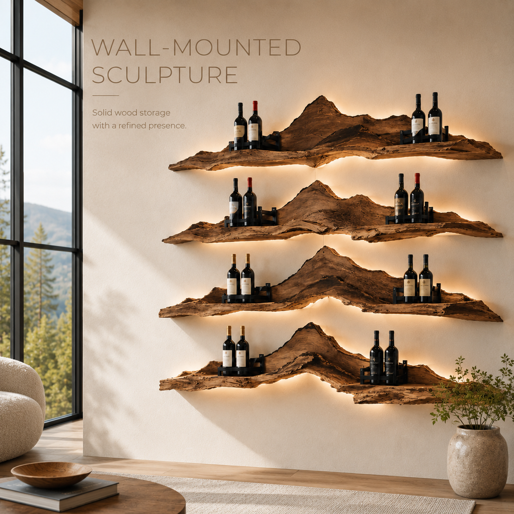 Solid Wood Wall Wine Rack with Glass Holder - River Form - product image 03