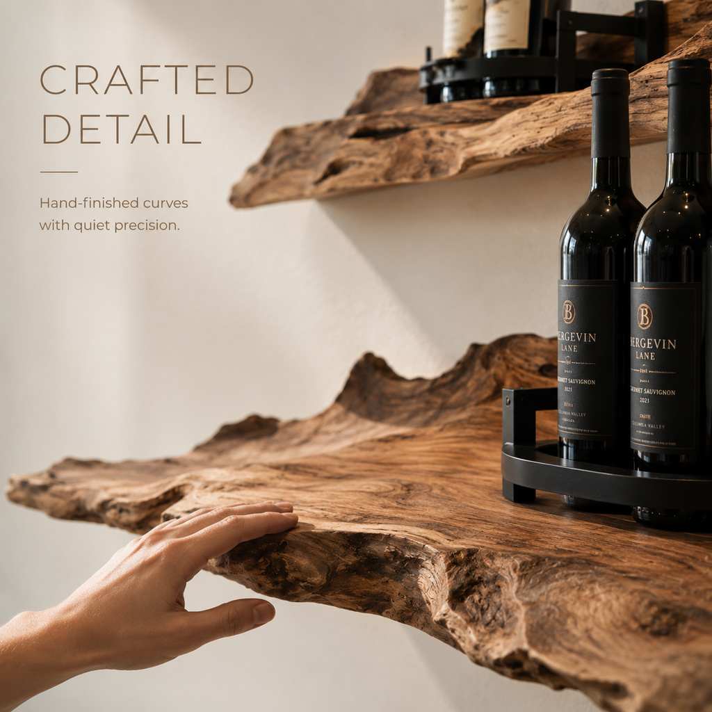 Solid Wood Wall Wine Rack with Glass Holder - River Form - product image 06