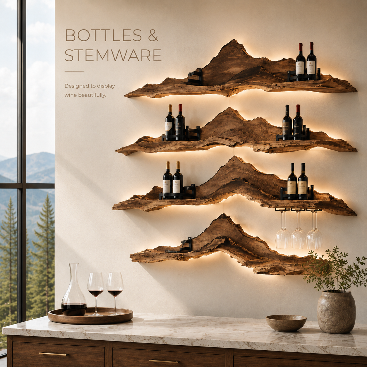 Solid Wood Wall Wine Rack with Glass Holder - River Form - product image 07