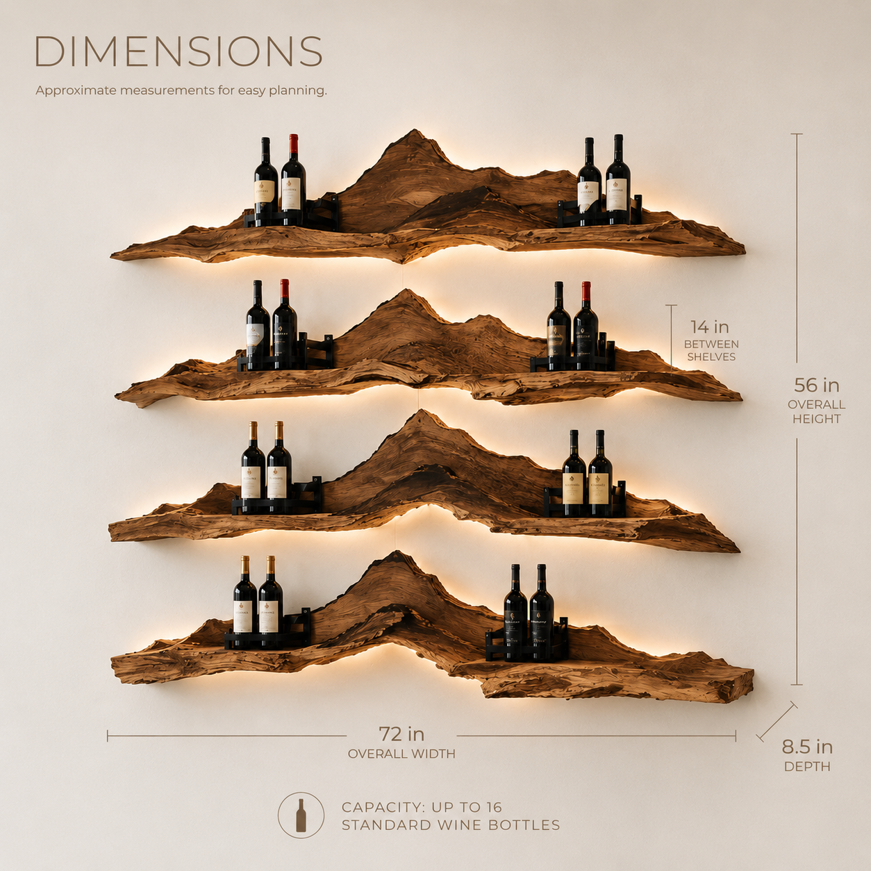 Solid Wood Wall Wine Rack with Glass Holder - River Form - product image 08