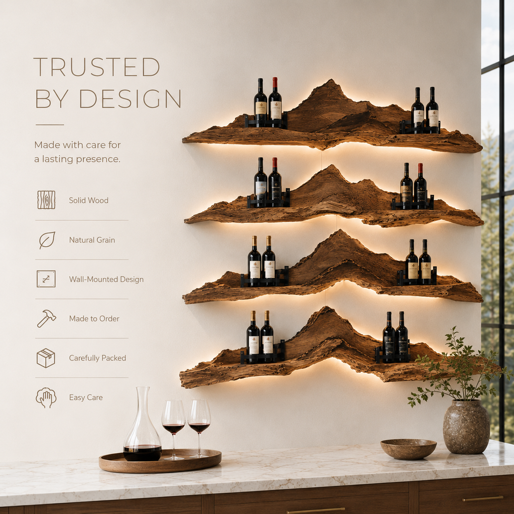 Solid Wood Wall Wine Rack with Glass Holder - River Form - product image 09