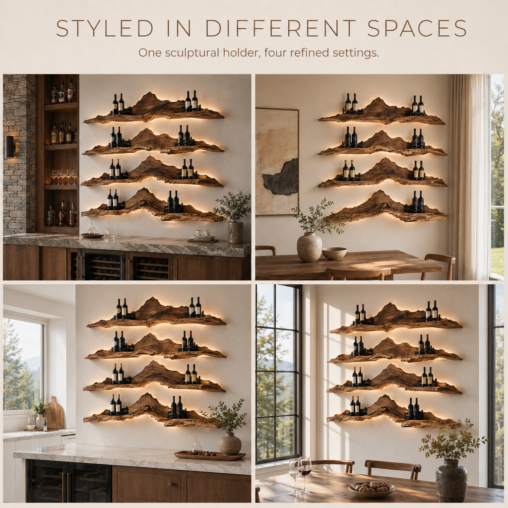 Solid Wood Wall Wine Rack with Glass Holder - River Form - product image 11