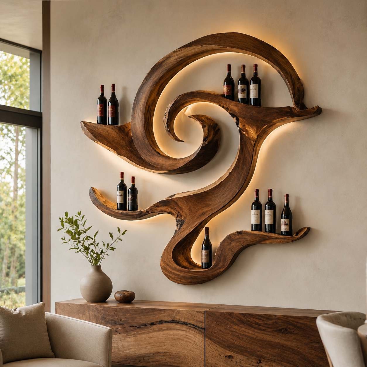 Solid Wood Wall Wine Rack with Glass Holder - Cellular Display - main view