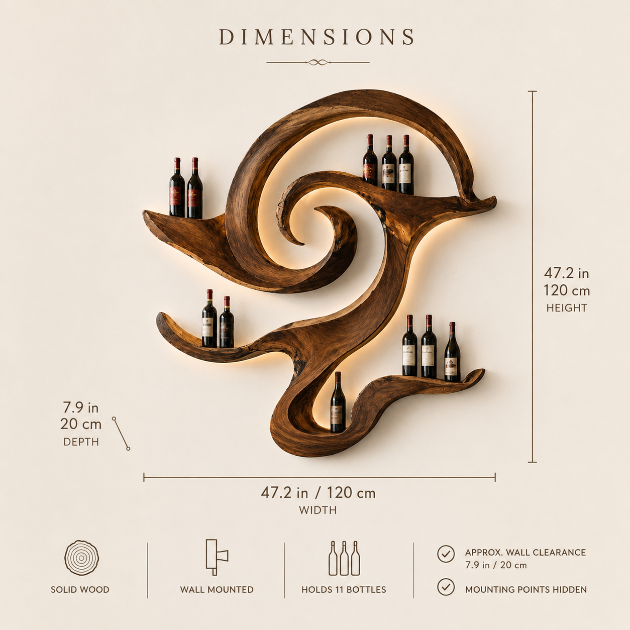 Solid Wood Wall Wine Rack with Glass Holder - Cellular Display - product image 08